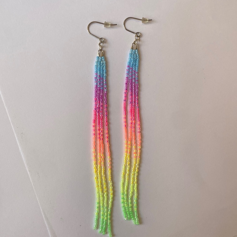 Catterfly Kreations Pastel Rainbow long tassel beaded earrings